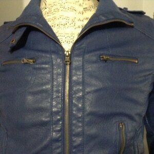 Miss London Bomber Jacket Womens Blue Faux Leather Moto Medium Edgy Ribbed Trim